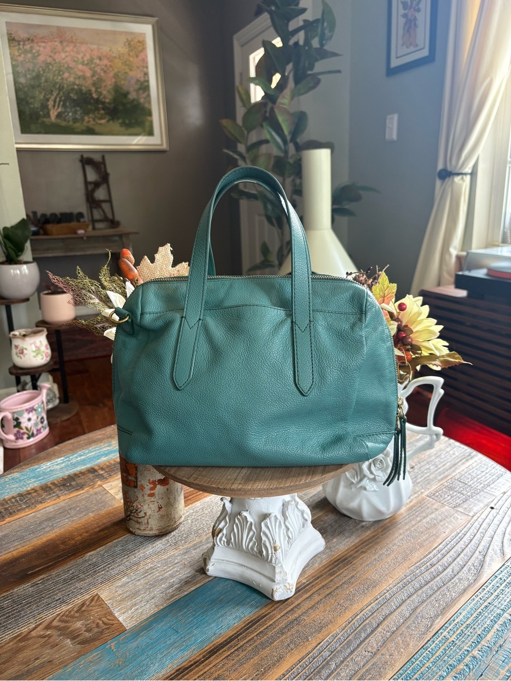 Fossil Teal Pebbled Leather Satchel Handbag Double Zip Shoulder Bag - Picture 2 of 9